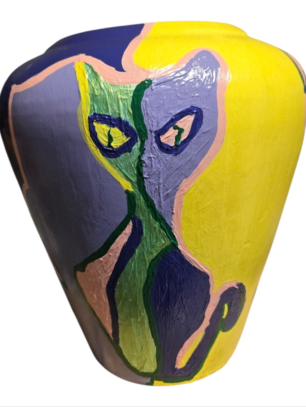 colorful hand-painted, abstract cat 10" wide-mouth tapered ceramic vase